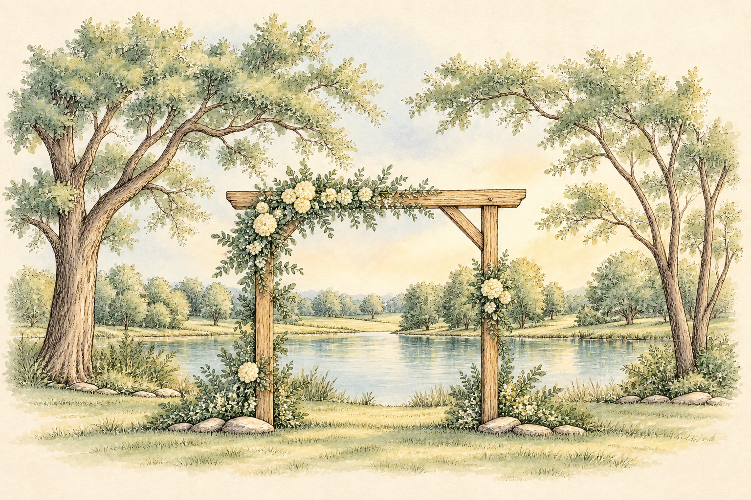 Watercolor illustration of the lakeside arbor at Whistlejacket Farm